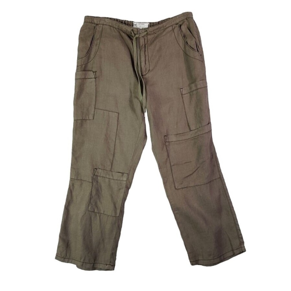 Free People Womens Boho Gorpcore 100% Linen Cargo Pants Size S Olive Green